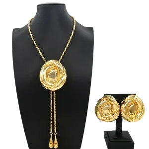 Luxurious 18K Gold Plated Sphere Tassel Jewelry Set Statement Necklace & Drop Earrings for Women HK113818
