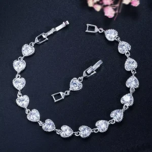 Luxurious Cubic Zirconia Elements Red Blue Crystal Austrian Fashion Jewelry Heart Charm Bangle Bracelets Valentine’s Day Gift