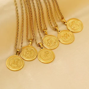 Luxurious Gold Plated Zodiac Features Engraved Exclusive Constellations Symbol Waterproof Hypoallergenic Stainless Steel Pendant
