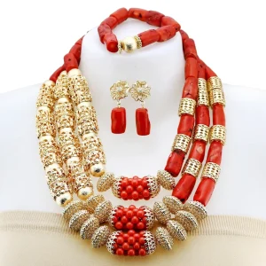 Luxurious Gold plated Coral Jewelry Set Nigerian Bridal Necklace Set Suitable for African Wedding Parties YL3117