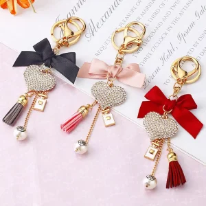 Luxurious Heart Shaped Keychain Metal Alloy Pearl Bow High Grade Diamond Bag Charm