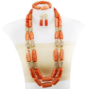 Luxurious Red Coral Tube Bead Jewelry Set with a Handcrafted Gold Necklace and Earrings Suitable for Ladies Party YL238