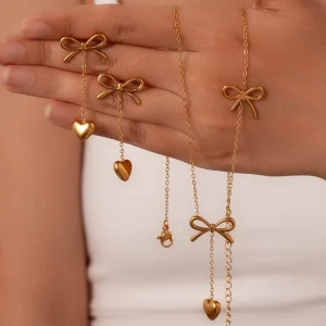 Luxury 18K Gold Plated Bow Heart Y Drop Pendant Necklace 316L Stainless Steel Chain Necklace for Women Custom