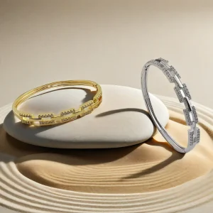 Luxury 18K Gold Plated CZ Chain Link Bangle Hypoallergenic Anti Tarnish Sparkling Cubic Zirconia Adjustable Bracelet