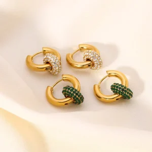 Luxury 18K Gold Plated Crystal Interlocking Hoop Huggie Earrings 316L Stainless Steel Statement Jewelry for Women