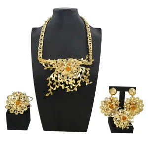 Luxury 18K Gold Plated Hollow Floral Leaf 4PCS Jewelry Set Brazilian African Necklace Earrings Bracelet Ring HK049822