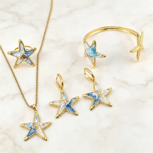 Luxury 18K Gold Plated Stainless Steel Bohemian Starfish Jewelry Set Minimalist Ocean Theme Resin Star Necklace Earrings Ring