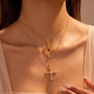 Luxury 18K Gold Plated Stainless Steel Cross Necklace Rose Flower Heart Zircon Pendant Vintage Romantic Jewelry for Women