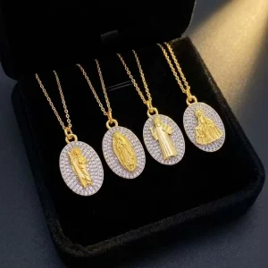Luxury 18K Gold Plated Virgin Mary Pendant Necklace Micro Pave CZ Oval Religious Medallion for Women Spiritual Protection Gift