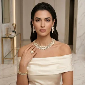 Luxury 18K Gold Pointed Hexagon Mother Of Pearl Jewelry Set CZ Paved Geometric Necklace Earrings Ring Bracelet