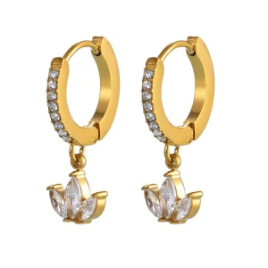 Luxury 18k Gold Plated Classic Party Stainless Steel Raw Crystal Huggie Flower Zircon Earrings