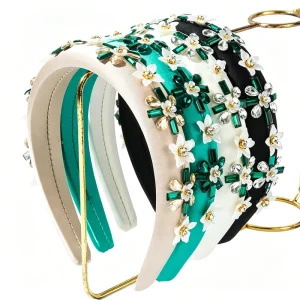 Luxury 3D Flower Padded Headband Green Rhinestone Leather Hairband Baroque Crystal Floral Hair Hoops Statement Hair Accessories