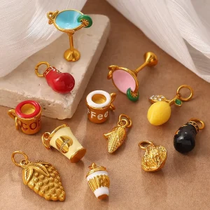 Luxury 3D Stainless Steel Gold Plated Food Drink Charms Bulk Fruit Cocktail Pendants Glossy Coffee Cup Motifs DIY