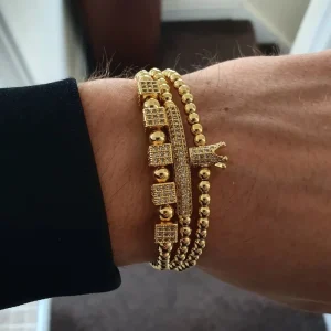 Luxury 3Pcs Set Gold Men’s Bracelet Set CZ Crown Dice Square Bead Bracelet Royal Jewelry Set for Men Hip Hop Jewelry Gifts