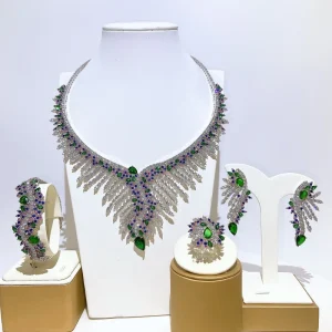 Luxury 4 Piece Green CZ Bridal Jewelry Set High Quality Colorfast Zircon Wing Necklace Earrings Ring Bracelet Set for Weddings
