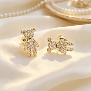 Luxury AAA CZ Teddy Bear Stud Earrings Women Tarnish Free Waterproof 18K Gold Plated Screw Back Sleep on Piercing Jewelry