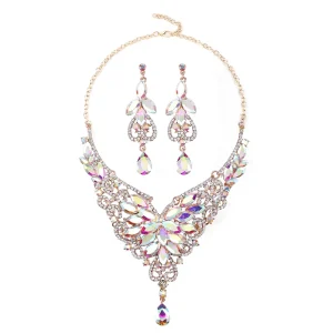 Luxury AB Crystal Pendant Necklace and Heart Charm Earrings Set Fashion Jewelry for Women Decoration