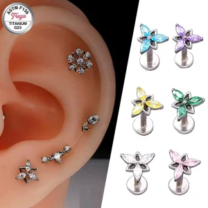 Luxury ASTM F136 Titanium Body Jewelry Fashion Stud Earrings Zircon Flower Earrings Nose Stud Labret Piercing Rings for Women