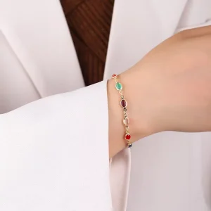 Luxury Alloy Colorful Gemstone Necklace Double-Sided Crystal Bracelet Set Minimalist Rainbow CZ Clavicle Chain Trendy Fashion