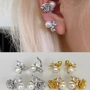 Luxury Autumn Winter Rose Copper Pearl Clip on Earrings Japanese Ins Style Exquisite Sweet Kawaii Party No Piercing Women’s