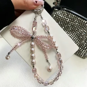 Luxury Beaded Bow Keychain Elegant Silver Bag Charm