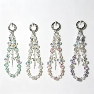 Luxury Beaded Butterfly Keychain Pearl Phone Chain Crystal Elegant Bag Charm