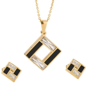 Luxury Black Enamel Square Zircon Jewelry Set Gold Stainless Steel Necklace Earring Set Women Fashion Statement Jewelry
