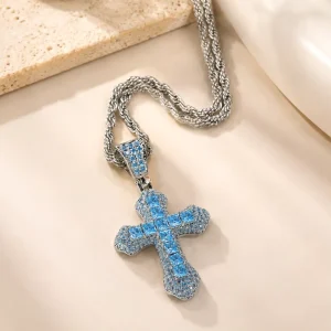 Luxury Blue CZ Cross Necklace Sparkling Pendant Chain Jewelry Statement Wear Custom Design