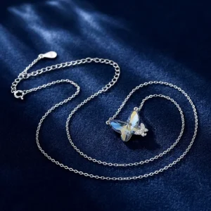 Luxury Blue Crystal Butterfly Necklace 925 Silver Rhodium Plated Tiny Accent Delicate Cable Chain Trendy Fashion Accessory