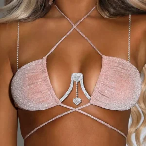 Luxury Body Accessories in Europe and America Double Heart Rhinestone Pendant Chest Support Women’s Body Chain