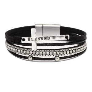 Luxury Bohemian Leather Christian Cross Silver Plated Crystal Rhinestone Handmade Fashion Charm Bracelets