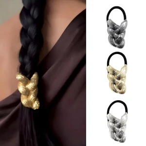 Luxury Braided Alloy Decor Hair Scrunchies High Elastic Ponytail Hair Ropes Elegant Back Head Hair Accessories for Women
