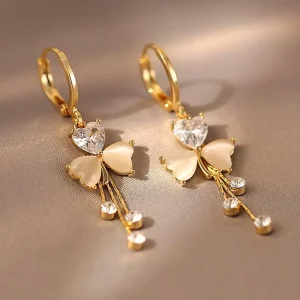 Luxury Brass Zircon Three Leaf Clover Earrings Trendy Niche Sophisticated Tassel Ear Clips Women Fashionable