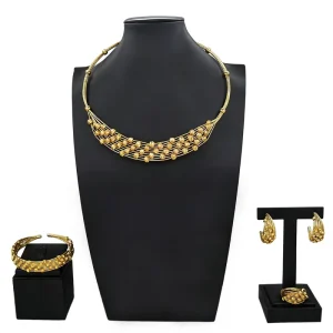 Luxury Brazilian Gold Jewelry Set Necklace Bracelet Earrings Ring Four Piece Set Charm Beads Choking Wedding Jewellery Set