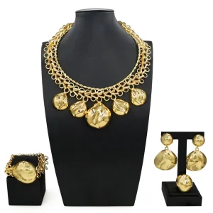 Luxury Brazilian Gold Jewelry Set Necklace Bracelet Earrings Ring Four Piece Set Leaves Water Droplets Wedding Jewellery Set