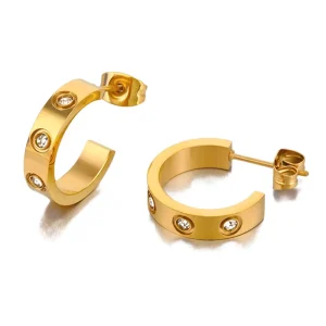 Luxury C shaped Cubic Zirconia Earring Jewelry Plated 18K Gold Fine Stainless Steel Fashion Earring Studs for Women