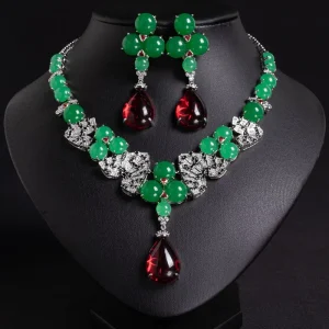 Luxury Colorful Green Red Jade Pendant Necklace Earring Jewelry Sets for Bridal Wedding Jewelry Sets