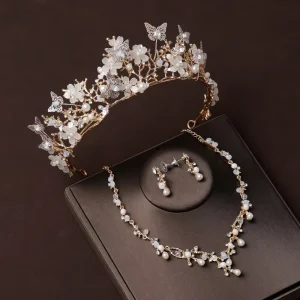 Luxury Crystal Beads Pearl Butterfly Costume Jewelry Sets Floral Rhinestone Choker Necklace Earrings Wedding Jewelry Set