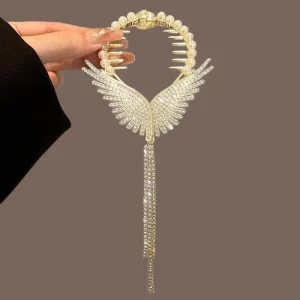 Luxury Crystal Flower Tassel Claw Clip Hair Accessory Back of Head Ponytail Clips Rhinestone Pearl Fringe Hair Clips
