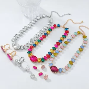 Luxury Crystal Rhinestone Statement Necklace Earrings Ring Set for Women Wedding Party Jewelry Set