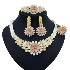 Luxury Crystal Tricolor Dubai Gold Necklace Dangle Earrings Bracelet Ring for Women African Wedding Jewelry Sets