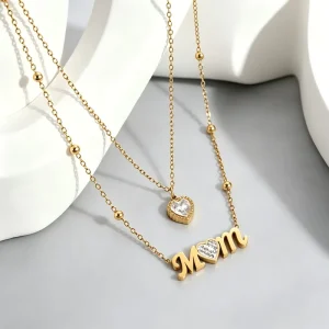 Luxury Custom Logo 18K Gold Plated Stainless Steel MOM Necklace Personalized CZ Heart Pendant Waterproof Double Layer Necklace