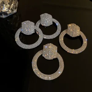 Luxury Dinner Drop Earrings for Women Fashionable Convex Hexagonal Rhinestone Big Circle Dangle Hoop Earings