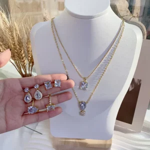 Luxury Elegant Crystal Zircon Jewelry Sets Ring Earrings Necklace Gold Plated Brass Clear Glass Fashion Jewelry Set