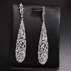 Luxury Elegant Cubic Zircon Flower Women Girls Tassels Dangle Earrings Formal Wedding Bridal Drop Chandelier Earrings