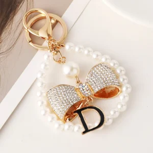 Luxury Fashion Alloy Full Crystal Bow Pearl Wrist Keychain Black Enamel Letter D Charm Elegant Wedding Gift Vintage Women