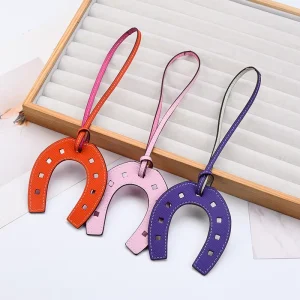 Luxury Fashion Bag Charm PU Leather Horseshoe Handbag Hanging Tag Rectangular Shaped Light Keychain Charms for Women