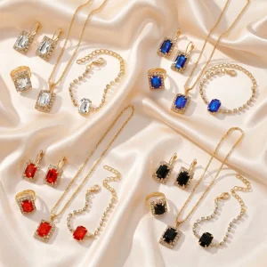Luxury Fashion Colorful Crystal Jewelry Set Elegant Green Square Diamond Earrings Ring Bracelet Necklace Set for Women