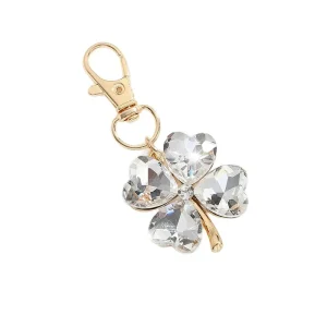 Luxury Fashion Four Leaf Clover Gold Plated Keychain with Big Gemstone Pendant