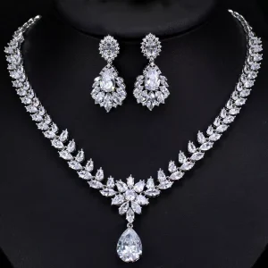 Luxury Fashion Jewelry Set Rhodium Plated Water Drop Zircon Necklace Earrings Fine Bridal Wedding Party